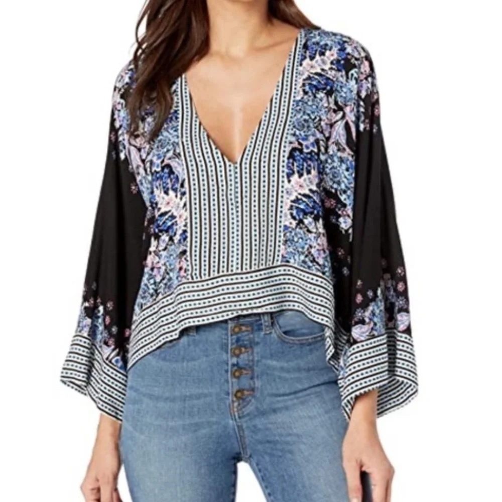 Free People Mixed Print Top in Black Combo, Size M - Picture 6 of 17